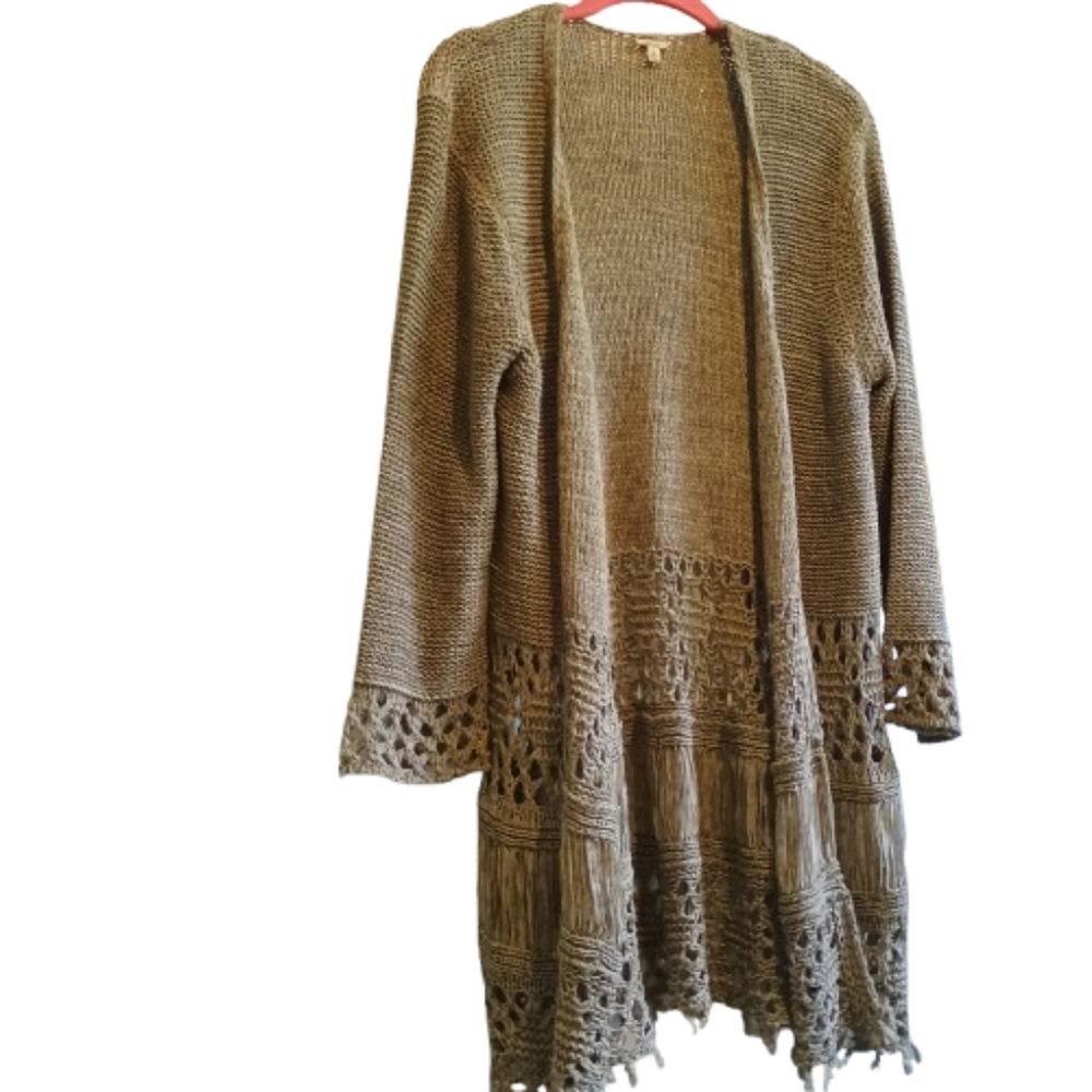 Reba Boho Crochet Fringe Knit Duster Cardigan Medium Neutral‎ Tan Festival... - Picture 4 of 12